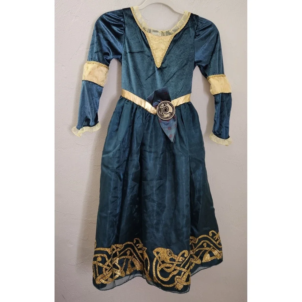 Disney Store Merida Premium Costume Size 7/8 Brave Teal Velvet Gold Dress-up